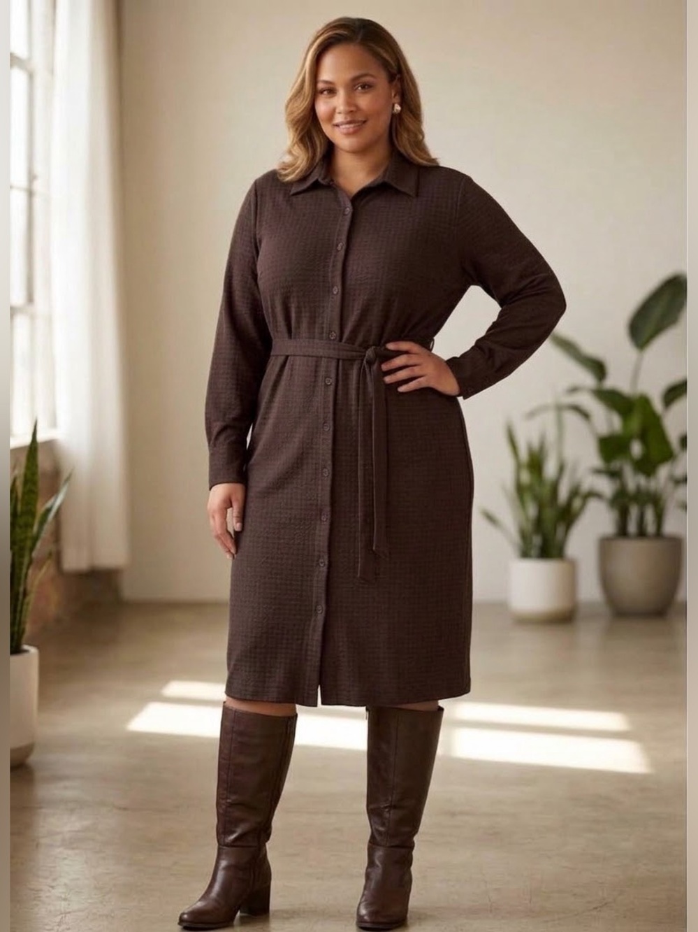 August Max Woman Plus Size 20W Brown Textured Belted Dress Long Sleeve 20